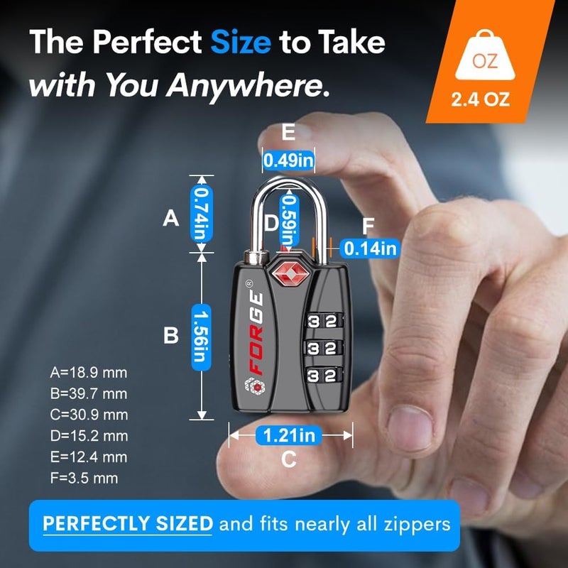 Forge Luggage Locks TSA Approved Black 1 Lock, Small Combination Lock with Zinc Alloy Body, Open Alert, Easy Read Dials, for Travel Suitcase, Bag, Backpack, Lockers. - Image 3